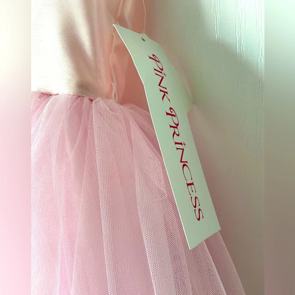 Pink Princess NWT- Blossom Poly Silk Bodice, Tulle Dress w/ Flower & Sash - Picture 3 of 9